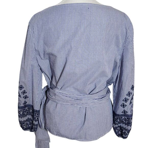 Max Edition Blue and White Stripe Wrap Blouse with Embroidery Size Large - Picture 2 of 10